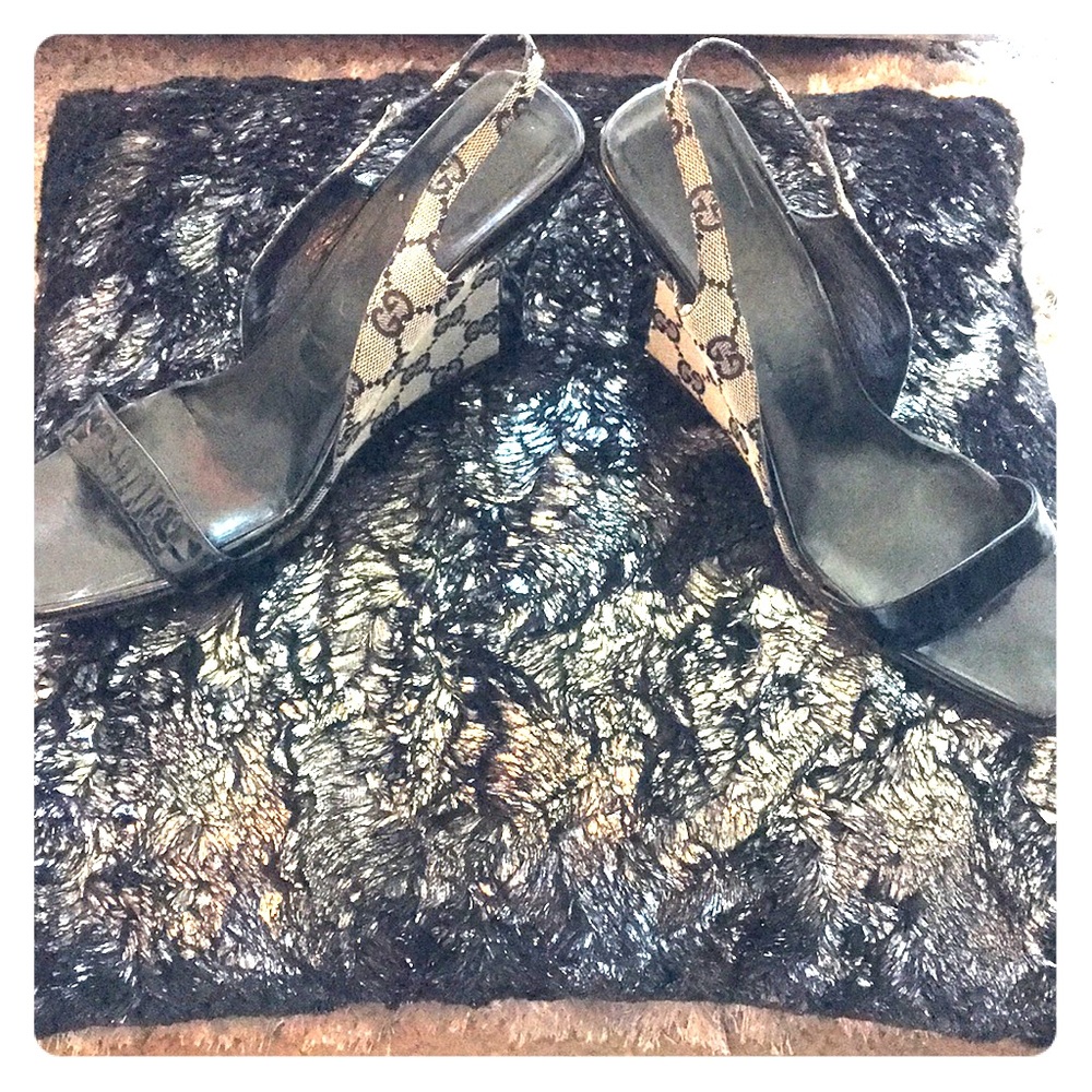GUCCI sling back wedge heels black patent